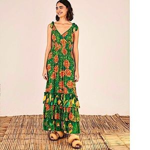 Farm Rio Womens Green Pineapple Galore Smocked Waist Tie Maxi Dress Size Small